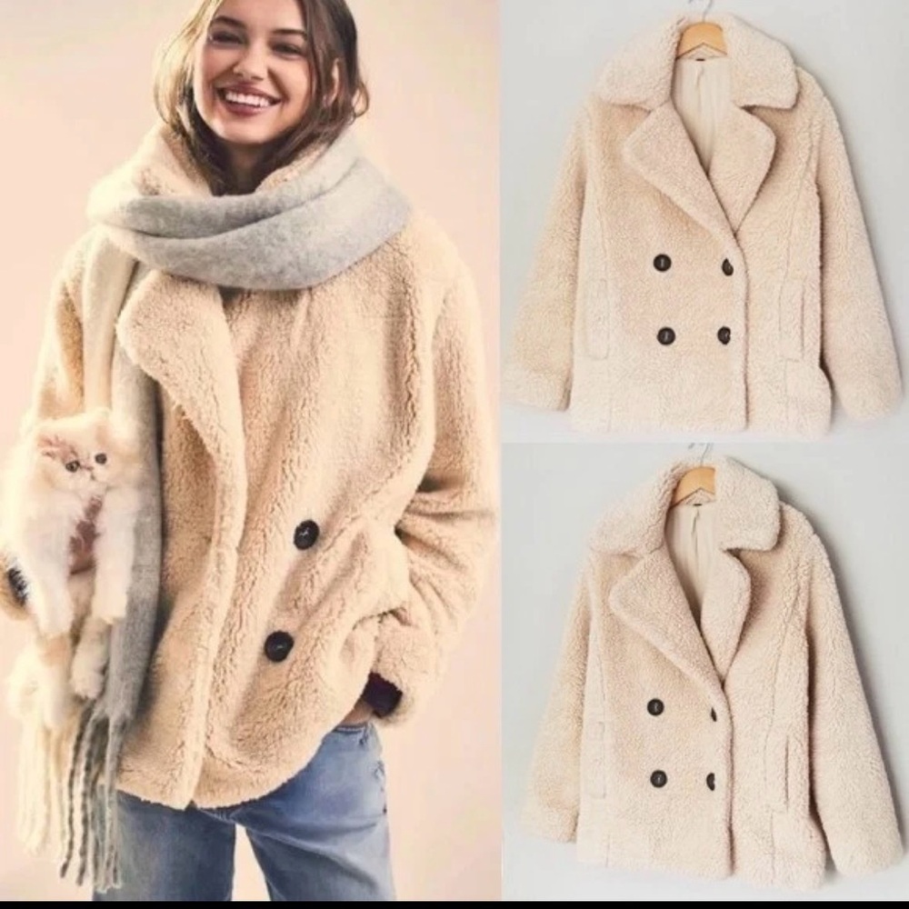 Free People Women's Cream Double-Breasted Teddy Coat oversized Sz M